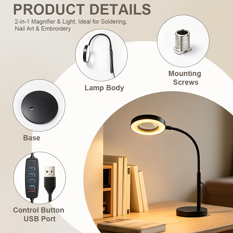 Lampe de bureau LED à loupe x5 et col de cygne, 3 teintes USB