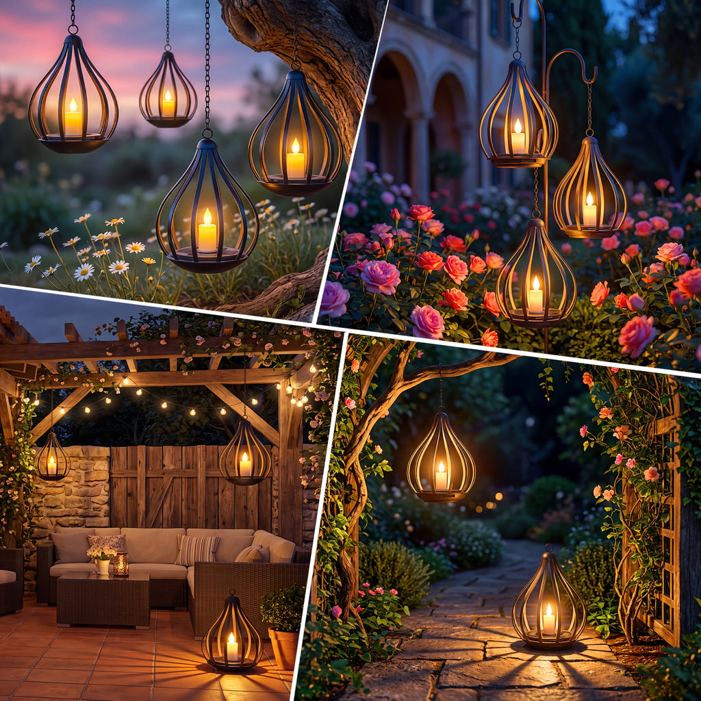 Lanterne solaire goutte en métal noir, bougie LED vacillante, IP65