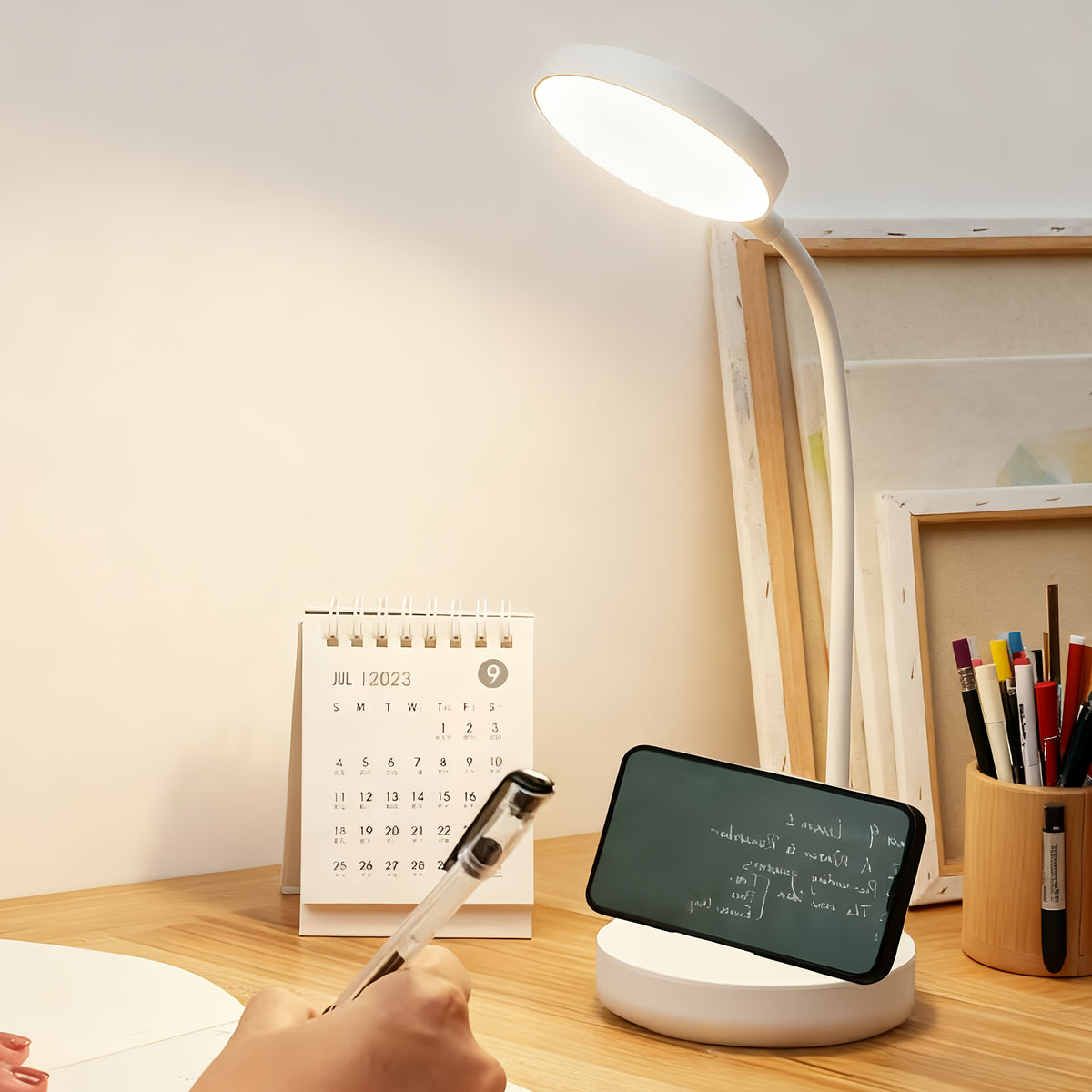 Lampe de bureau LED rechargeable à col flexible, tête ronde blanche