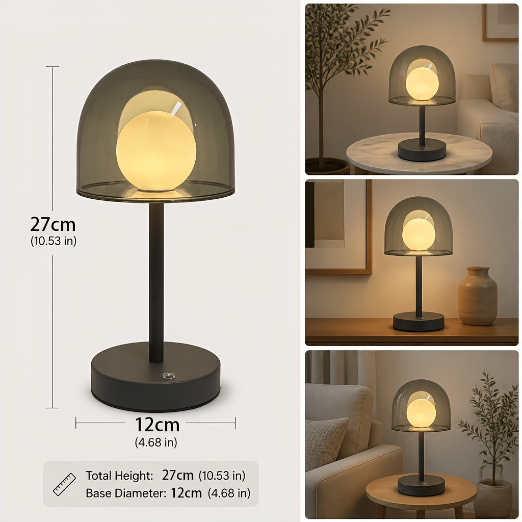Lampe de table LED sans fil à dôme fumé et globe opalin, grise