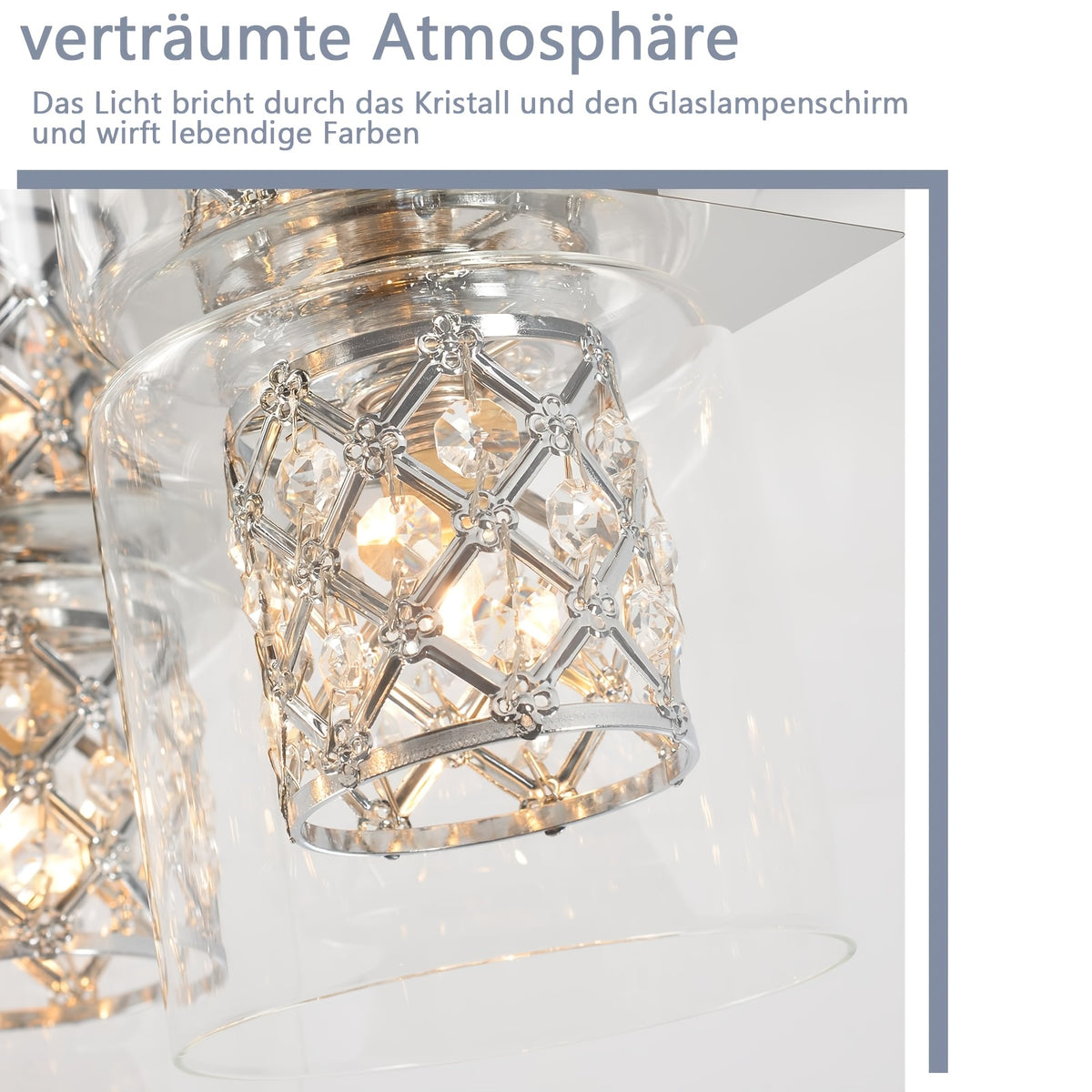 Plafonnier carré chromé à 4 verres et résille perlée scintillante, G9