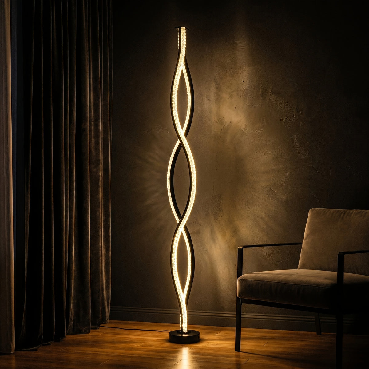 Lampadaire LED double hélice effet cristal noir mat, 122 cm