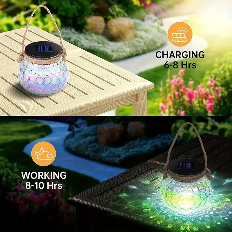 Lot de 2 lanternes solaires bocal en verre irisé, anse en corde