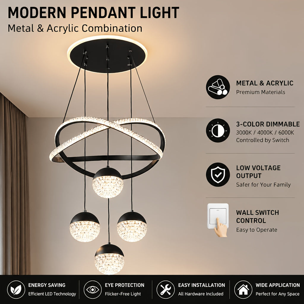 Lustre LED anneaux croisés et trois globes effet cristal, Ø 40 cm