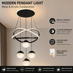 Lustre LED anneaux croisés et trois globes effet cristal, Ø 40 cm