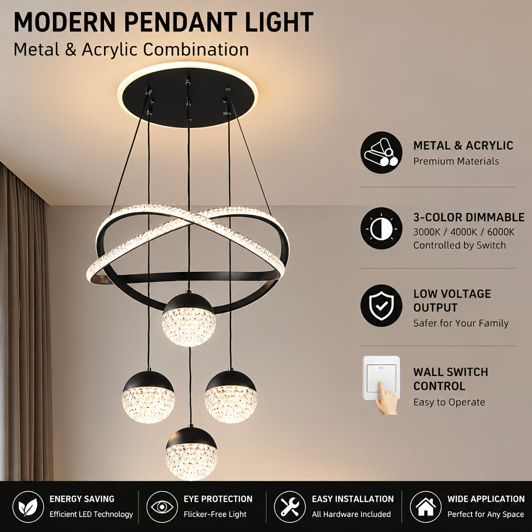 Lustre LED anneaux croisés et trois globes effet cristal, Ø 40 cm