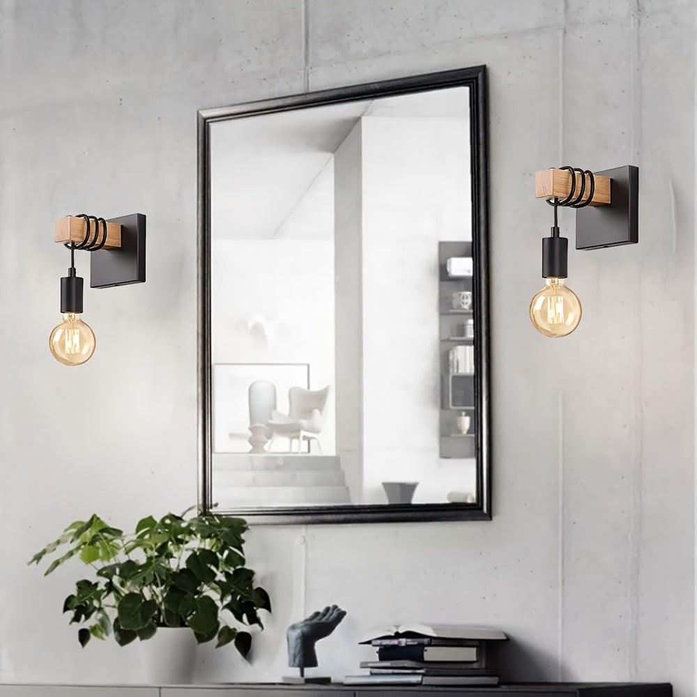 Applique murale bois et métal noir, câble enroulé et ampoule nue