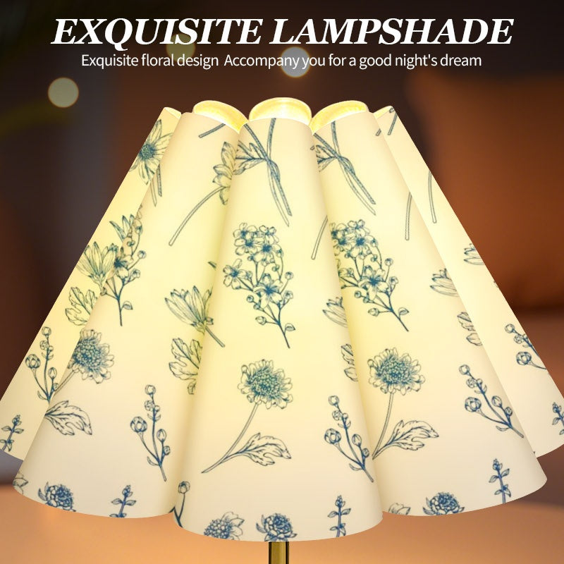 Lampe de chevet à abat-jour plissé fleurs bleues, pied doré, USB
