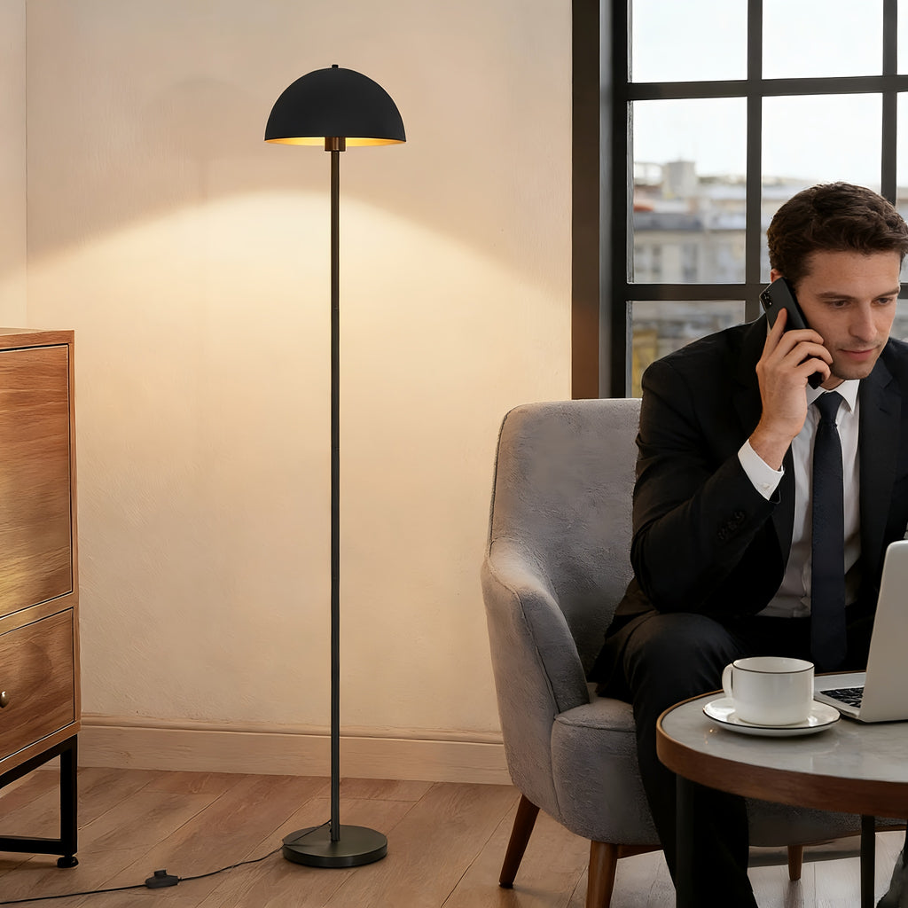 Lampadaire de bureau dôme noir et or, socle épais de 25 cm