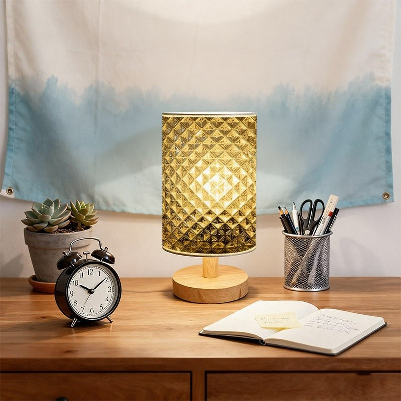 Lampe de chevet en tissu à motif losanges dorés, trois teintes