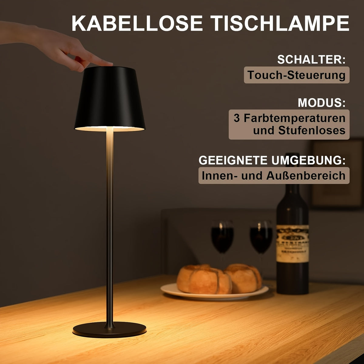 Lampe de table LED sans fil à abat-jour conique et deux hauteurs