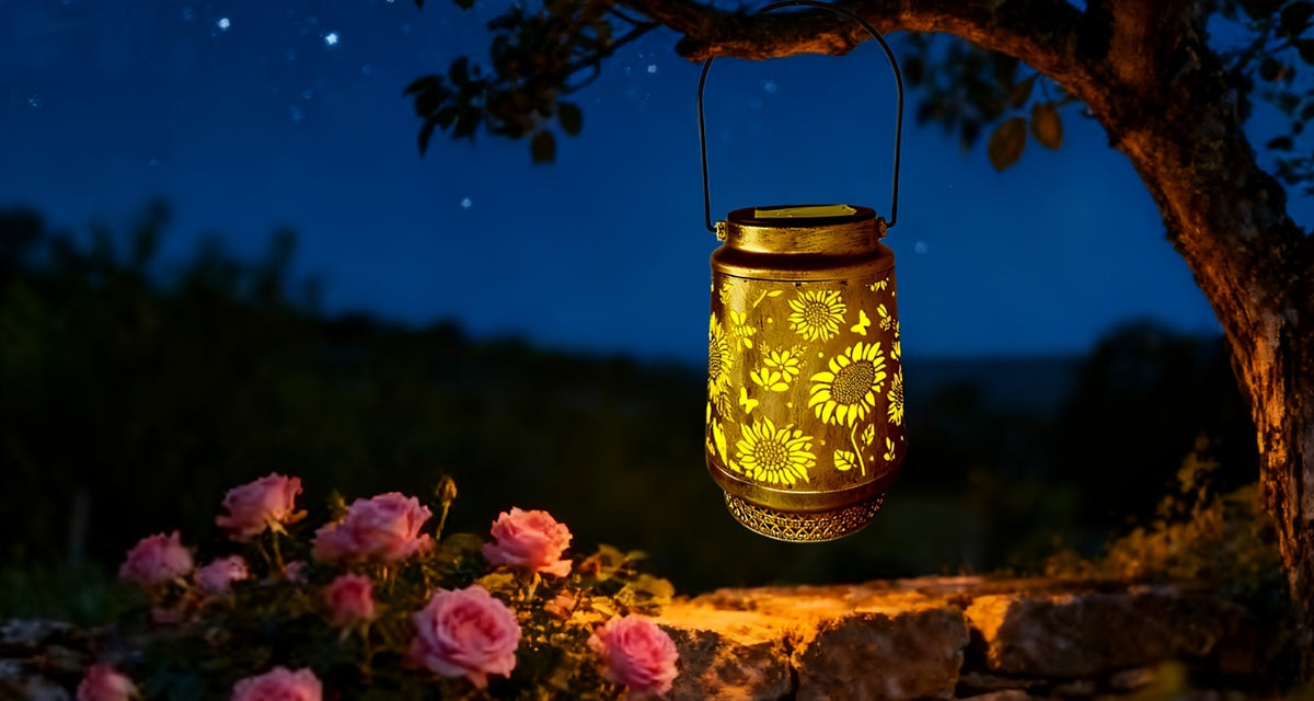 Lanterne solaire ajourée de tournesols, projection de motifs au sol