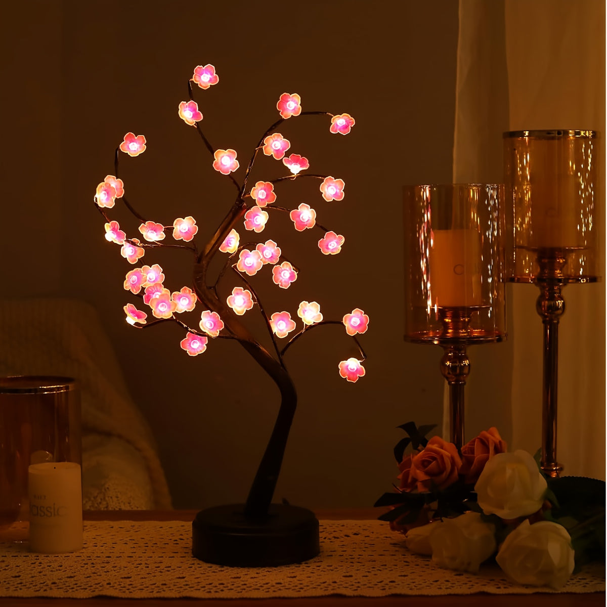 Lampe arbre à fleurs de prunier LED, 45 cm, branches modelables
