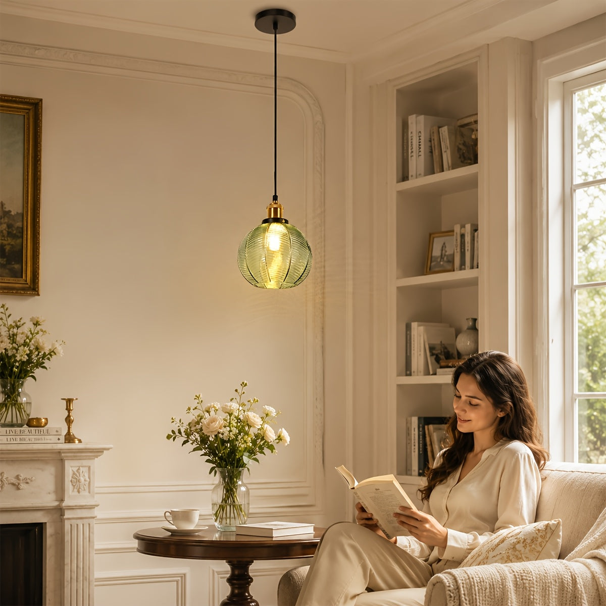 Suspension globe en verre vert nervuré, douille couleur laiton