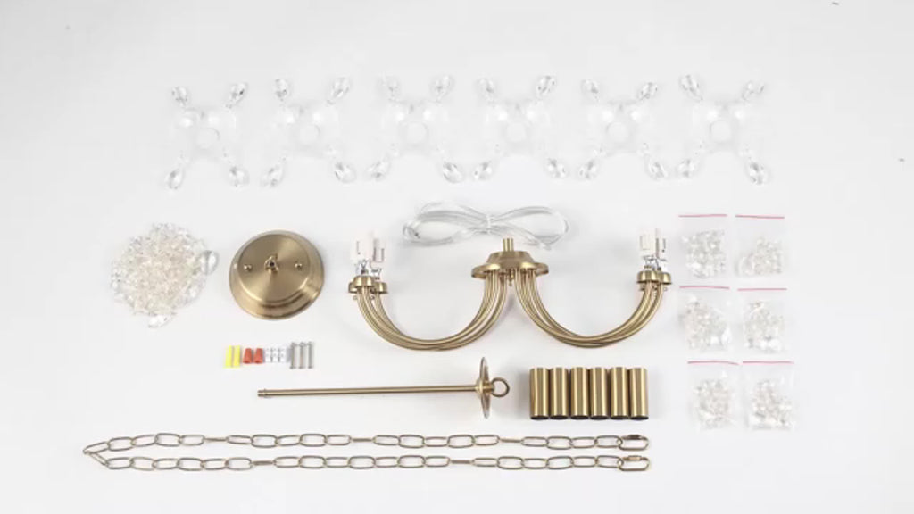 Lustre doré à 6 bougies et guirlandes de cristal, douilles E14
