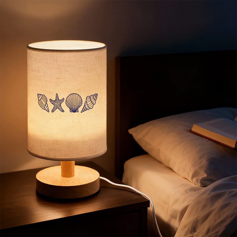 Lampe de chevet en bois, abat-jour imprimé de coquillages marins
