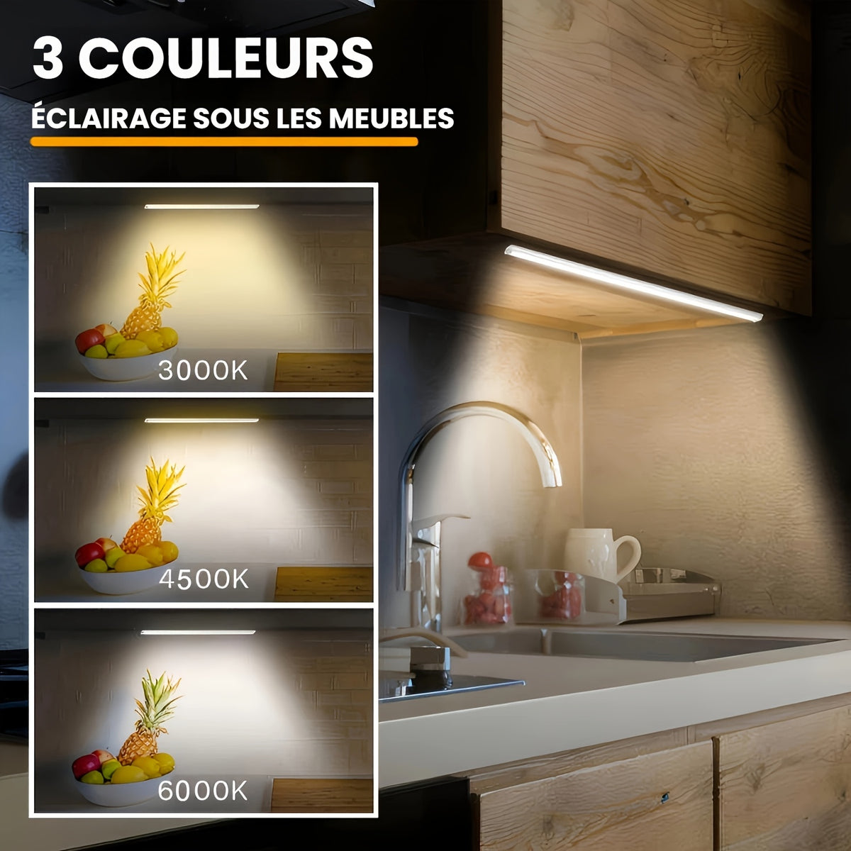 Barres LED à détecteur par 3 ou par 6, trois teintes et variateur