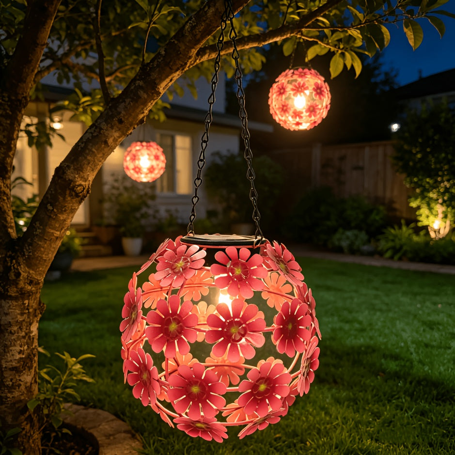 Suspension solaire extérieure boule de fleurs roses et rouges