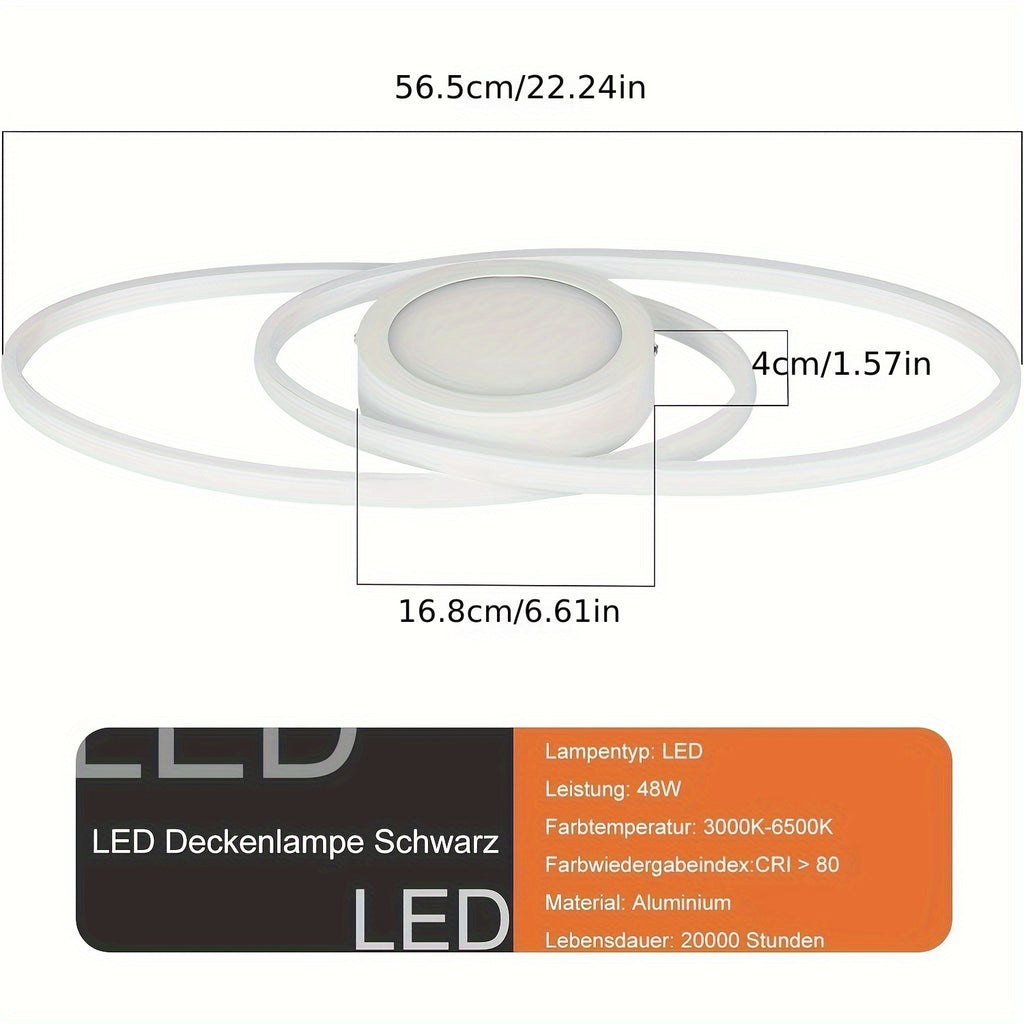 Plafonnier LED noir ovale ou carré à anneaux, avec télécommande