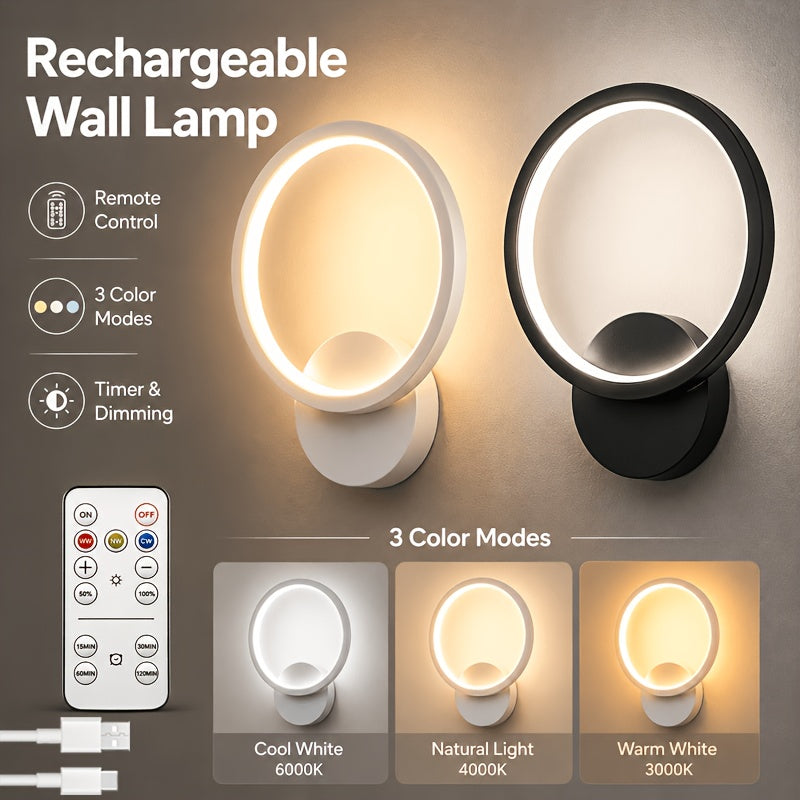 Applique murale anneau LED sans fil, télécommande et minuterie