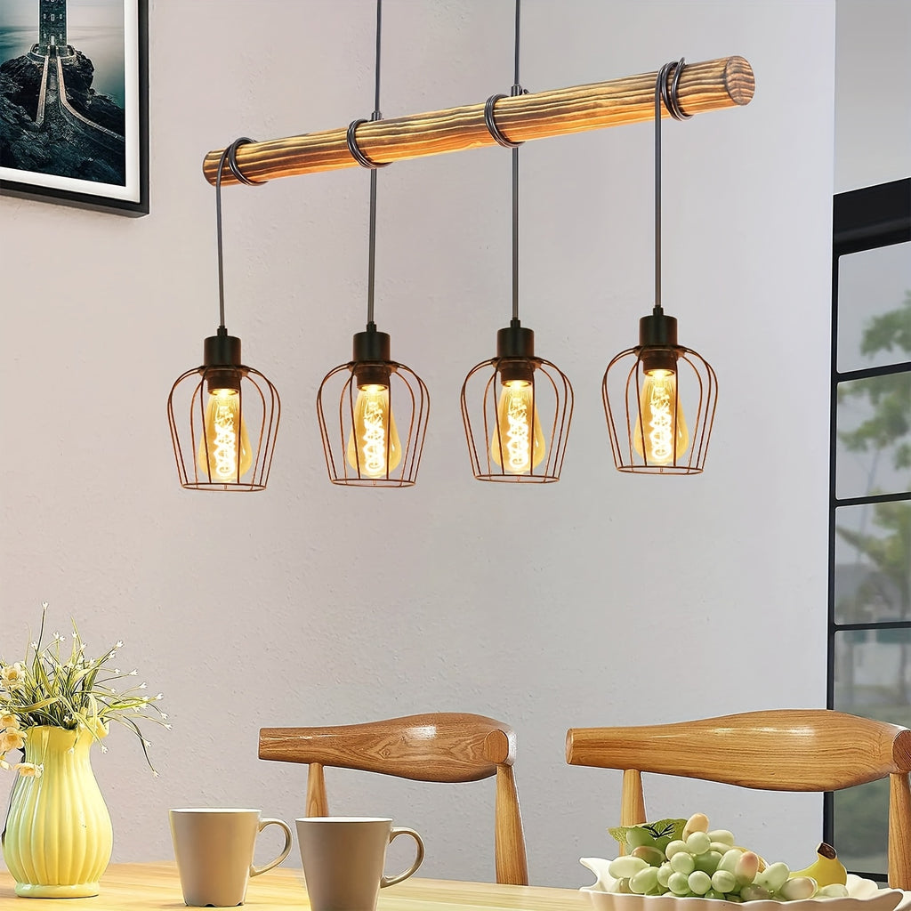 Suspension poutre en bois et 4 cages noires, style industriel, 80 cm
