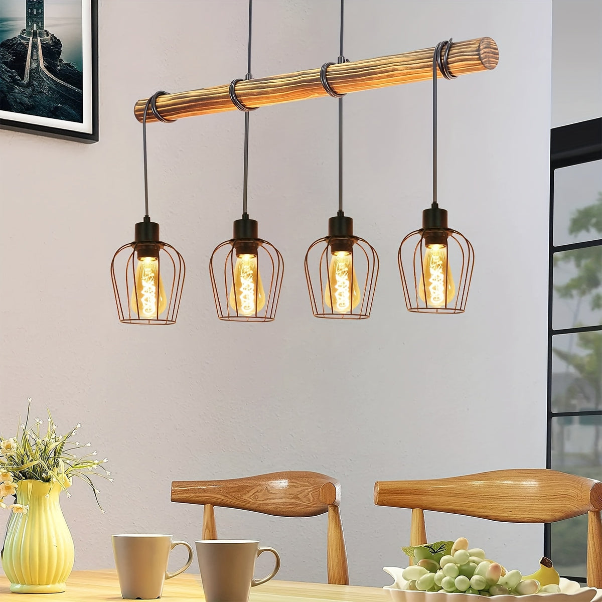 Suspension poutre en bois et 4 cages noires, style industriel, 80 cm