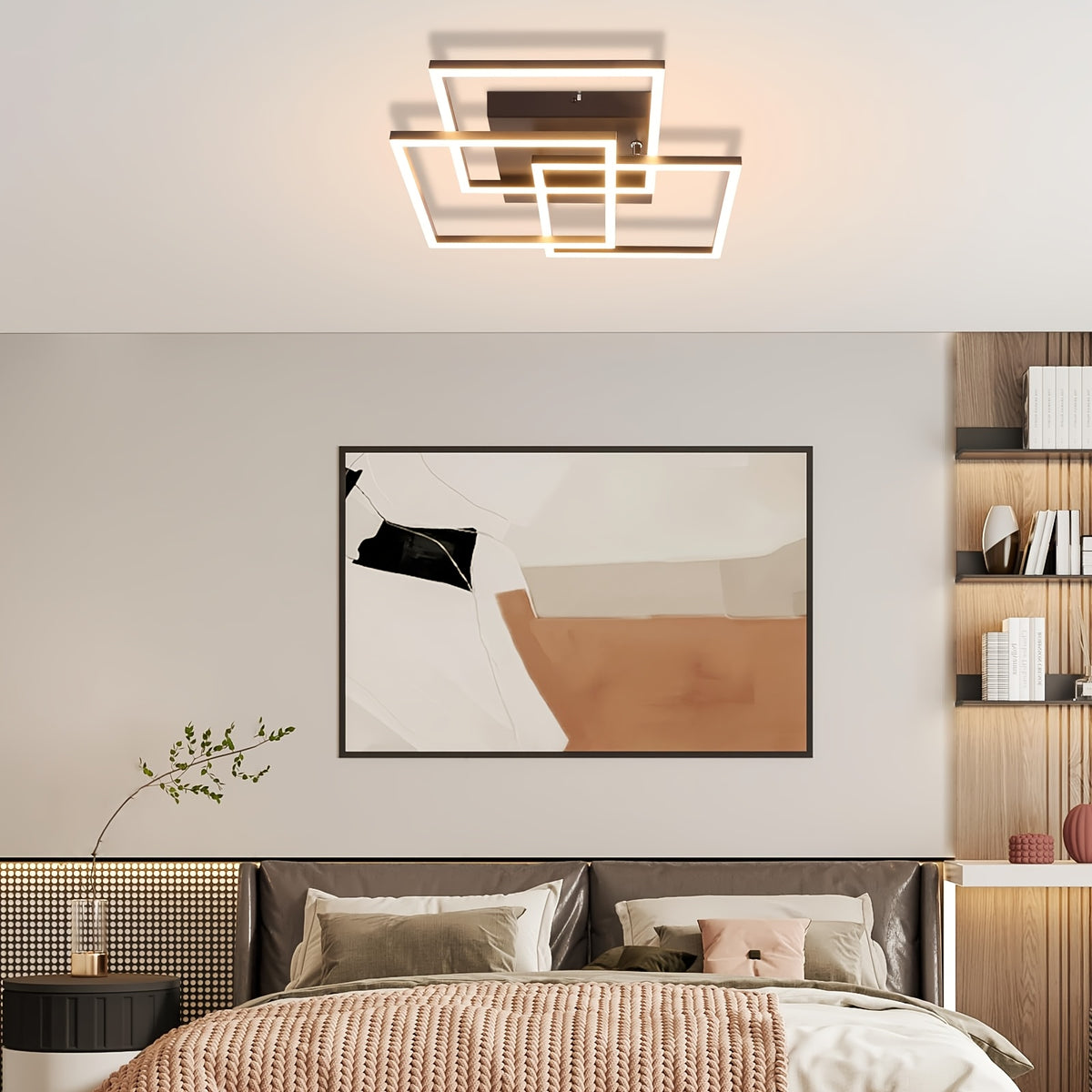 Plafonnier LED trois carrés superposés 40 cm, veilleuse et minuterie