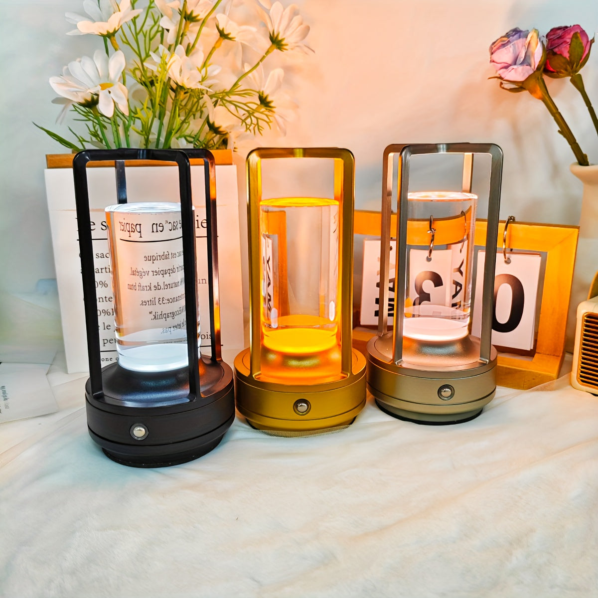 Lampe lanterne sans fil rétro, cylindre transparent et cadre métal