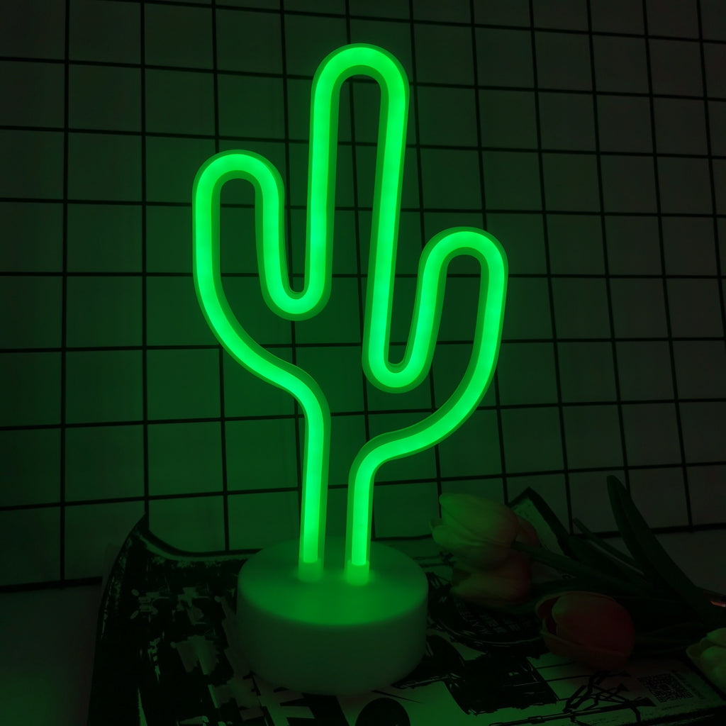 Néon LED cactus vert sur socle blanc, à piles ou USB, 14 x 20 cm