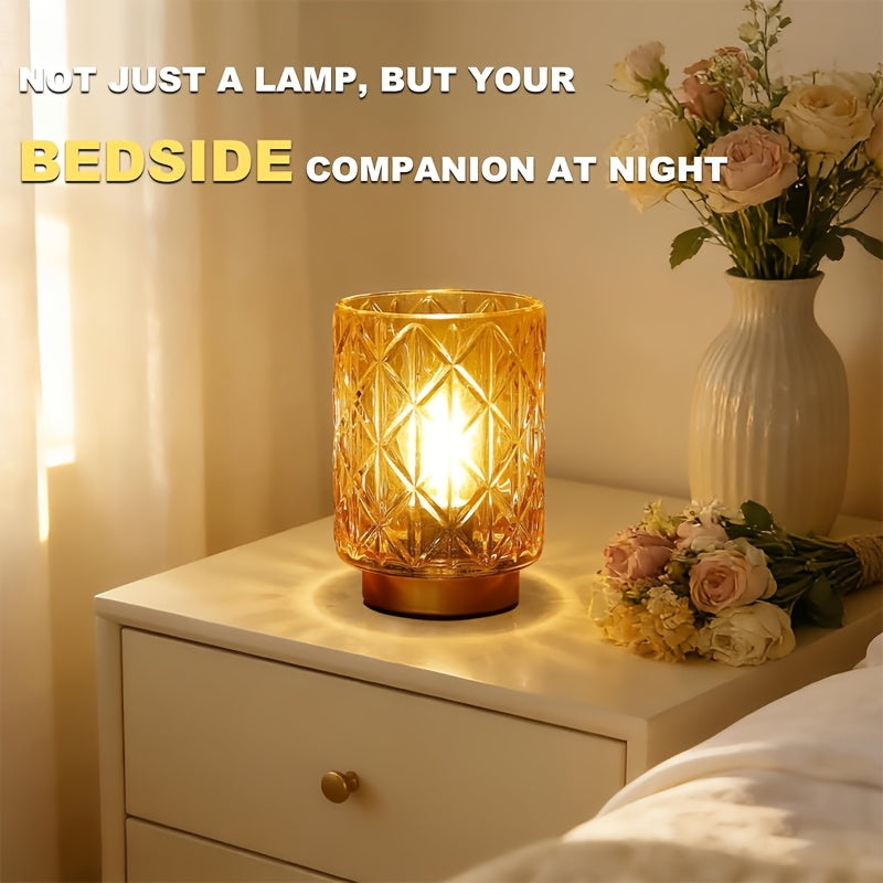 Lampe de chevet à piles en verre ambré taillé, socle doré, 15 cm