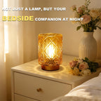 Lampe de chevet à piles en verre ambré taillé, socle doré, 15 cm