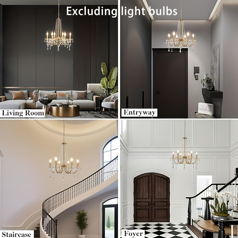 Lustre doré à 6 bougies et guirlandes de cristal, douilles E14