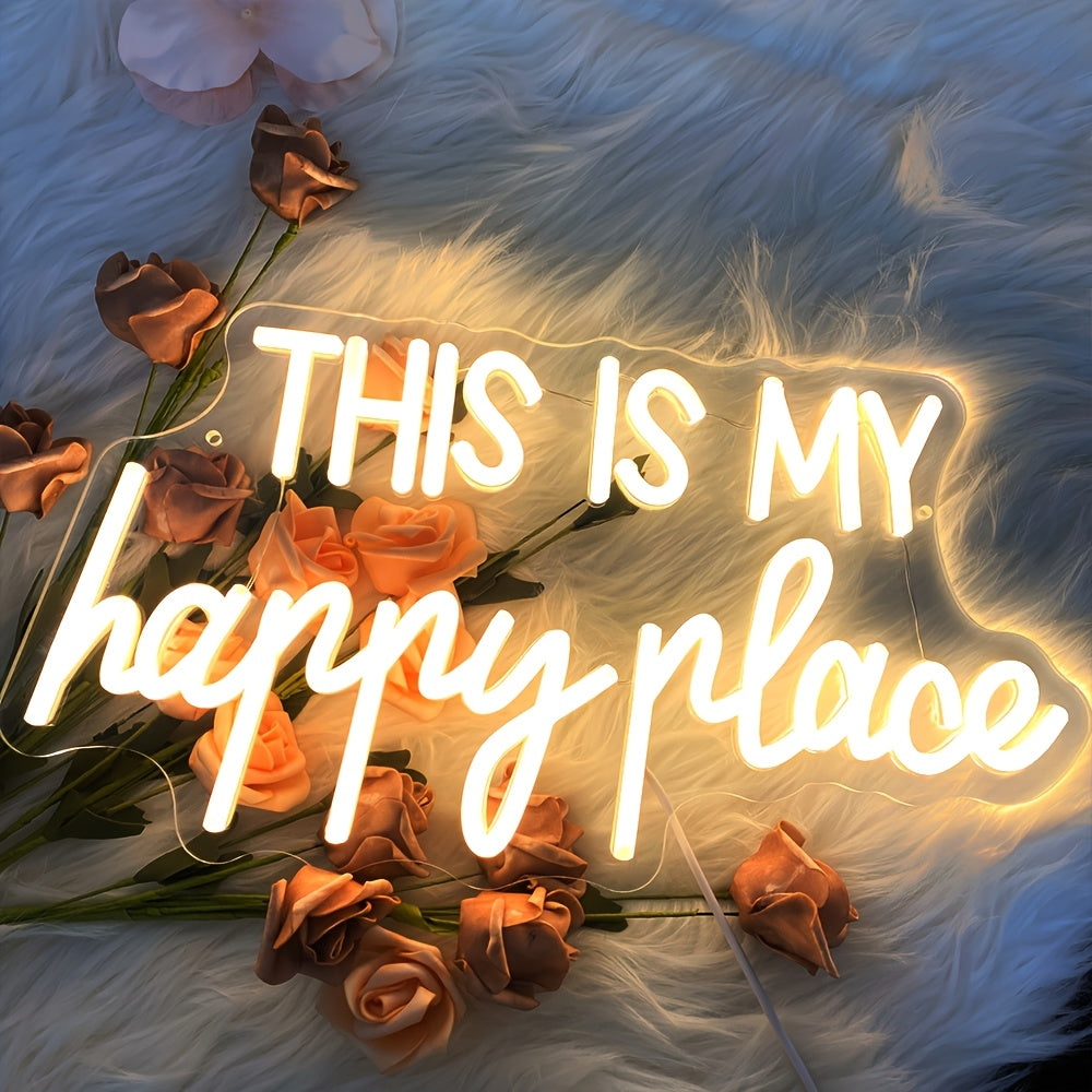 Enseigne néon LED « This is my happy place » blanc chaud, 39 cm