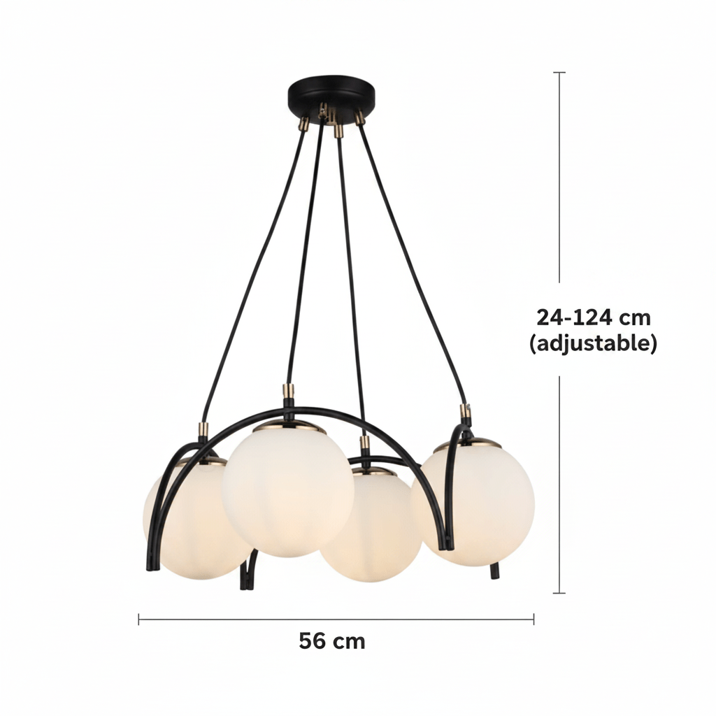 Lustre noir à quatre globes opalins, hauteur réglable de 24 à 124 cm