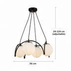 Lustre noir à quatre globes opalins, hauteur réglable de 24 à 124 cm