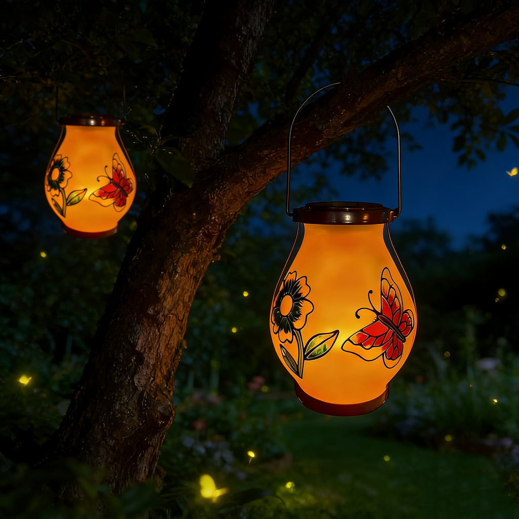 Suspension solaire d'extérieur peinte fleur et papillon, IP44