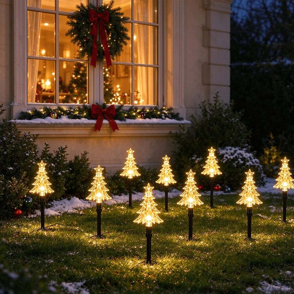 Lot de 10 sapins lumineux LED sur piquet, à piles, vert ou jaune