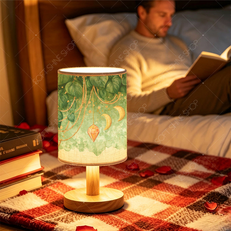 Lampe de chevet en lin à feuillage vert, lunes et cristaux dorés