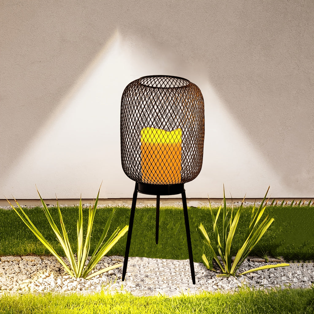 Lanterne solaire grillagée sur trépied, effet bougie, 40 cm