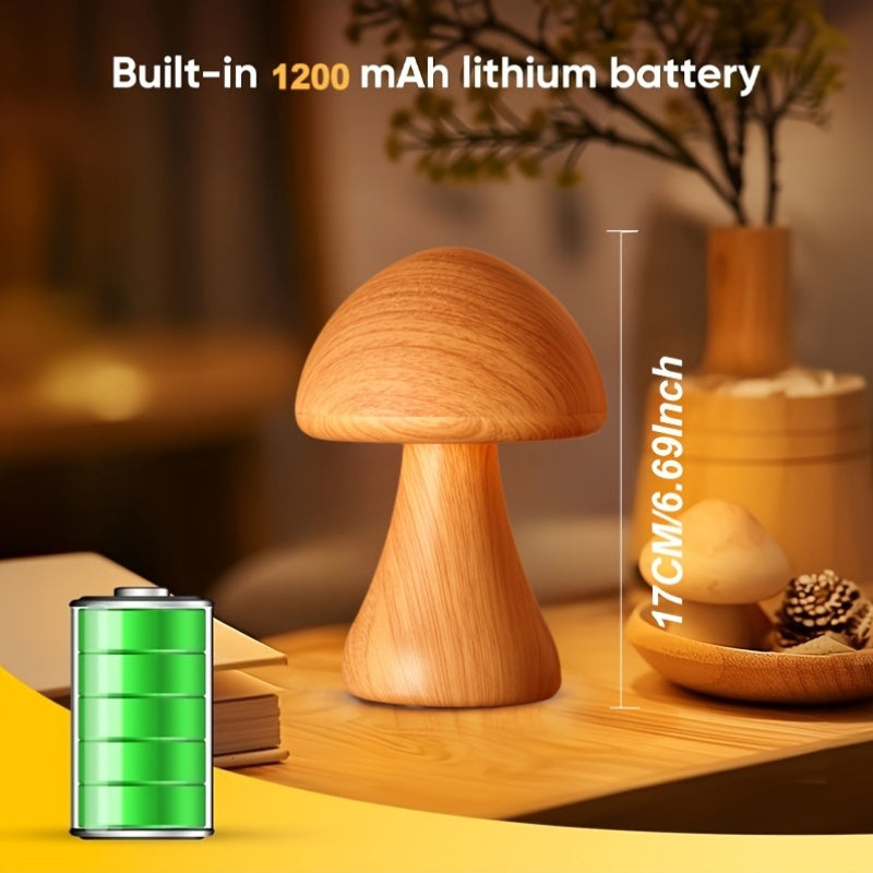 Lampe champignon effet bois, veilleuse tactile rechargeable 17 cm