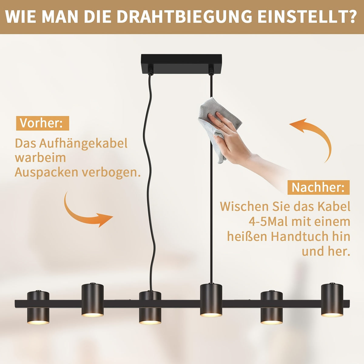 Suspension 6 spots GU10 sur barre en métal noir mat de 85,5 cm