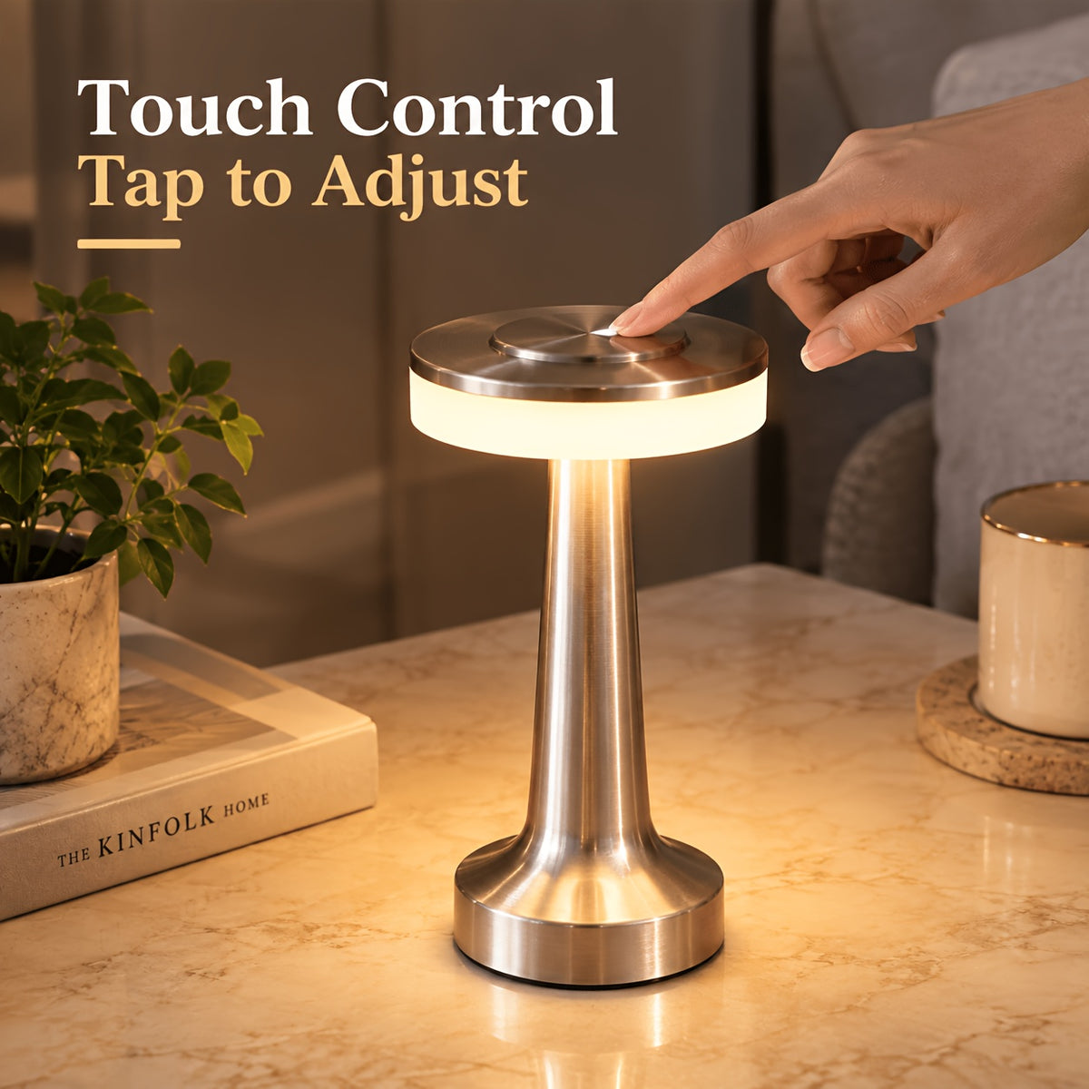 Lampe de table sans fil en métal brossé, tête plate tactile Ø 12 cm