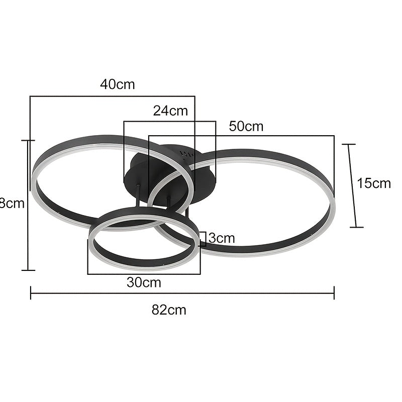 Plafonnier LED à trois anneaux noirs, 82 cm, pour salle à manger
