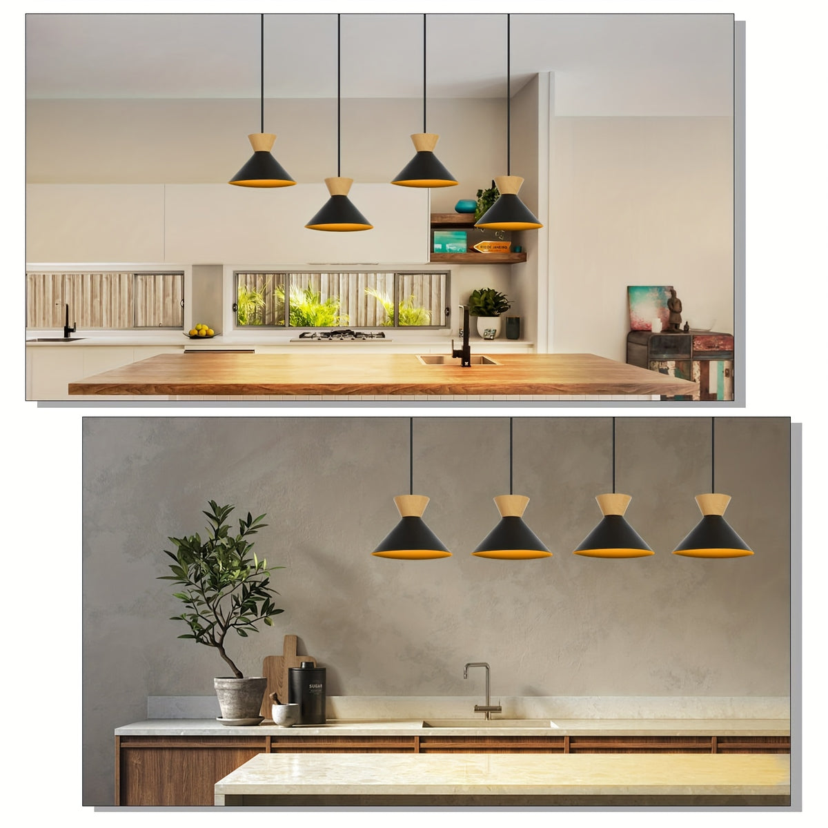 Lot de 2 suspensions cône noir, intérieur doré et col effet bois
