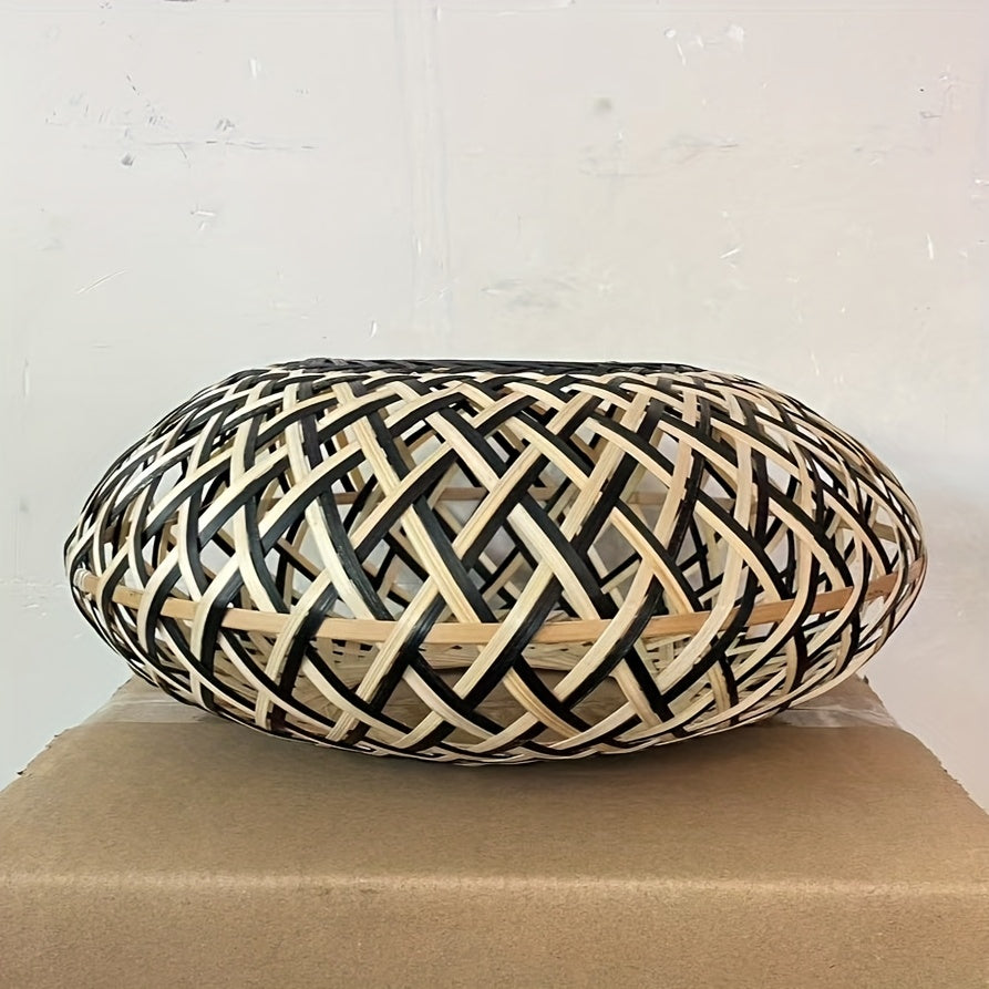 Abat-jour en bambou tressé bicolore noir et naturel, Ø 30 cm