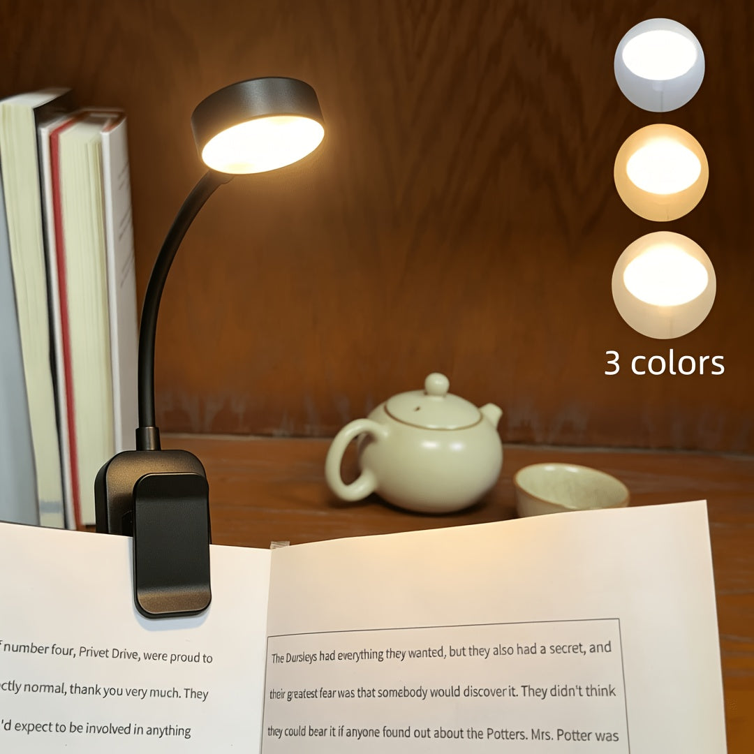 Lampe de lecture à pince noire à piles, tête ronde, col 360°