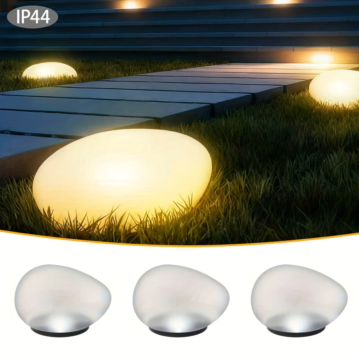 Lampe solaire galet en verre dépoli, lot de 3 pour massifs