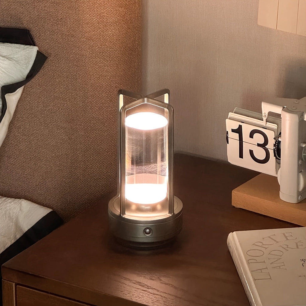Lampe lanterne sans fil rétro, cylindre transparent et cadre métal