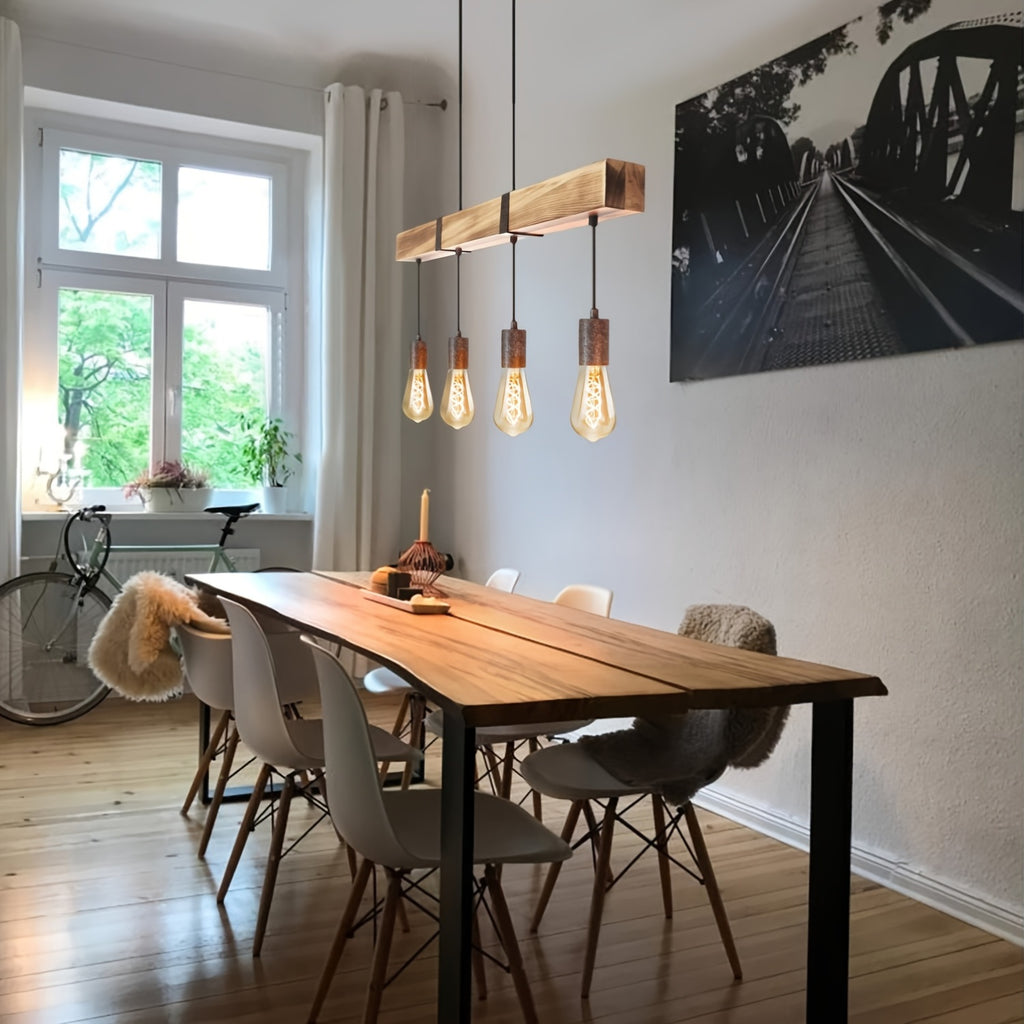 Suspension poutre effet bois brûlé, 3 ou 4 lumières, douilles E27