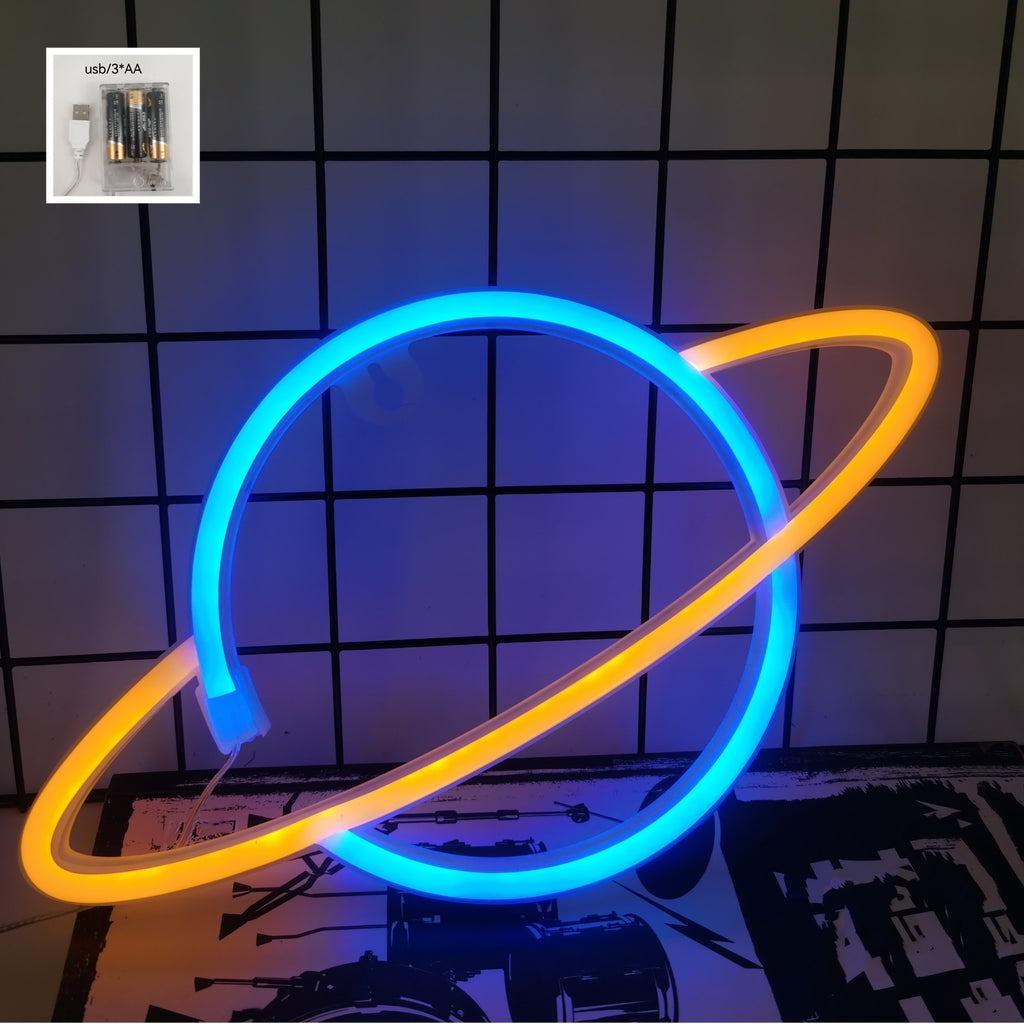 Néon LED planète bicolore à piles ou USB, 30 x 17 cm, 3 coloris